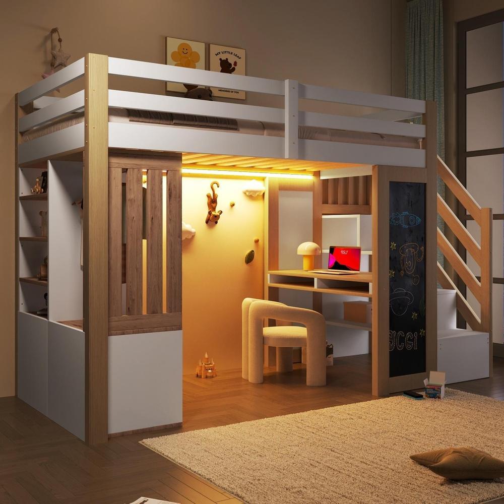 Cama alta infantil 90x200cm con escritorio, LED, blanco natural