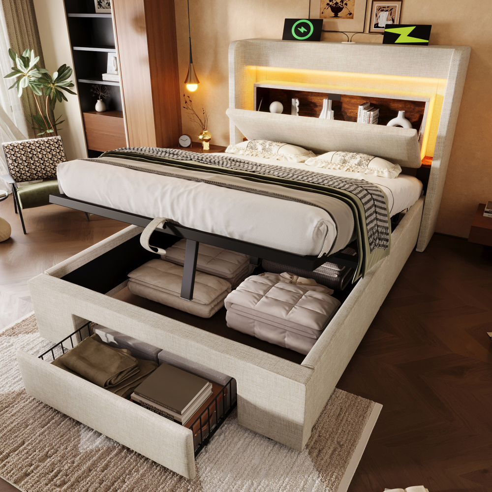 Cama tapizada 90x200 cm con canapé hidráulico LED y usb lino – beige
