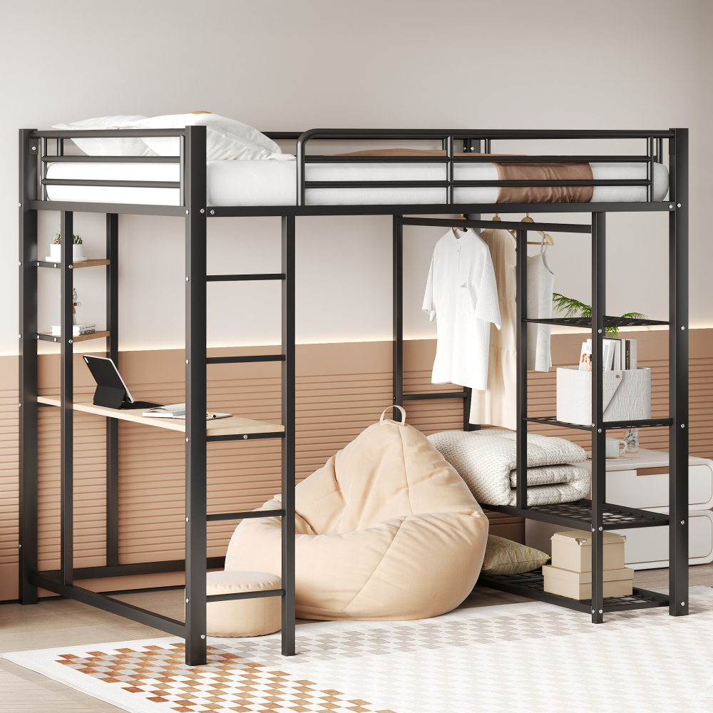 Cama alta 140x200cm con escritorio, perchero y compartimentos metal – negro