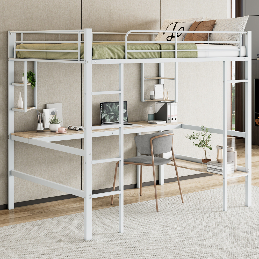 Cama alta 140x200cm con escritorio y estanterías metal y mdf – blanco