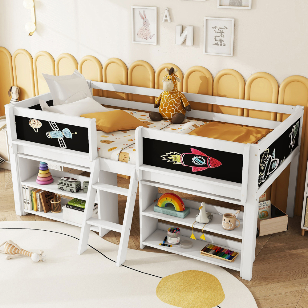 Cama infantil semialta 90x200cm con estantes y barandilla pino y mdf blanco