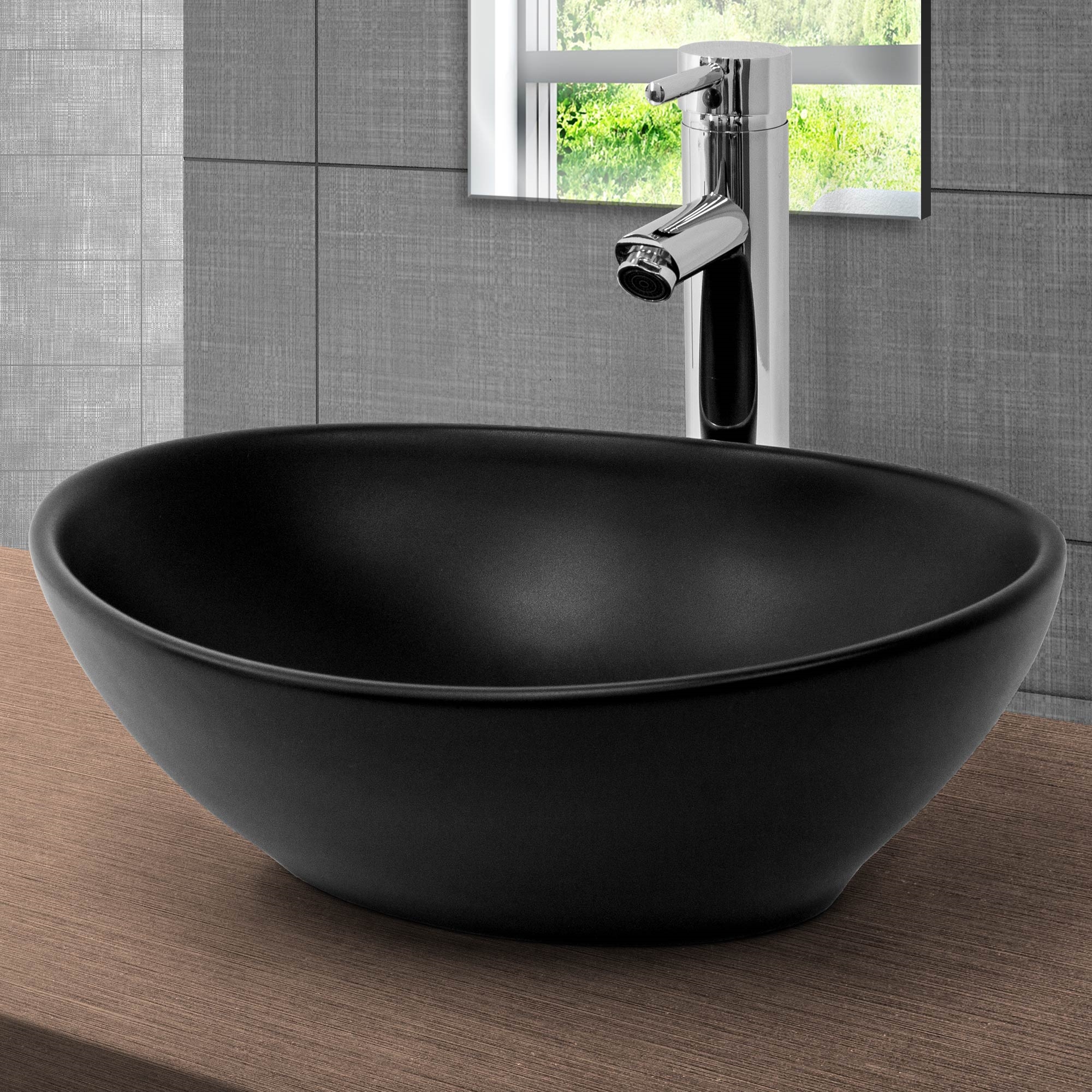 Lavabo baño de cerámica ovalado con juego de drenaje cromado 410 x 355 mm