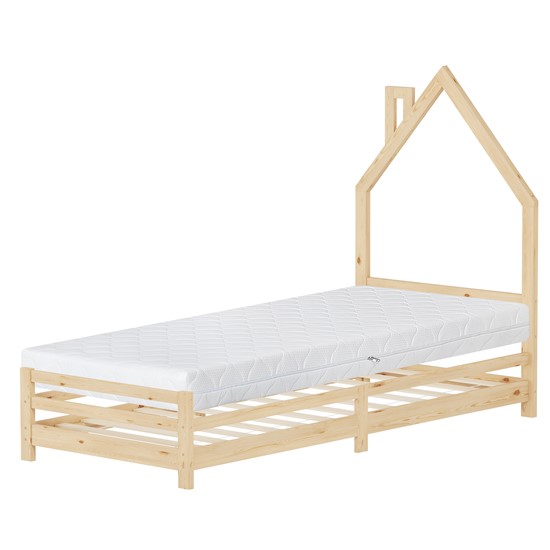 Cama infantil 90x200cm + colchón 16cm madera natural en forma de casa