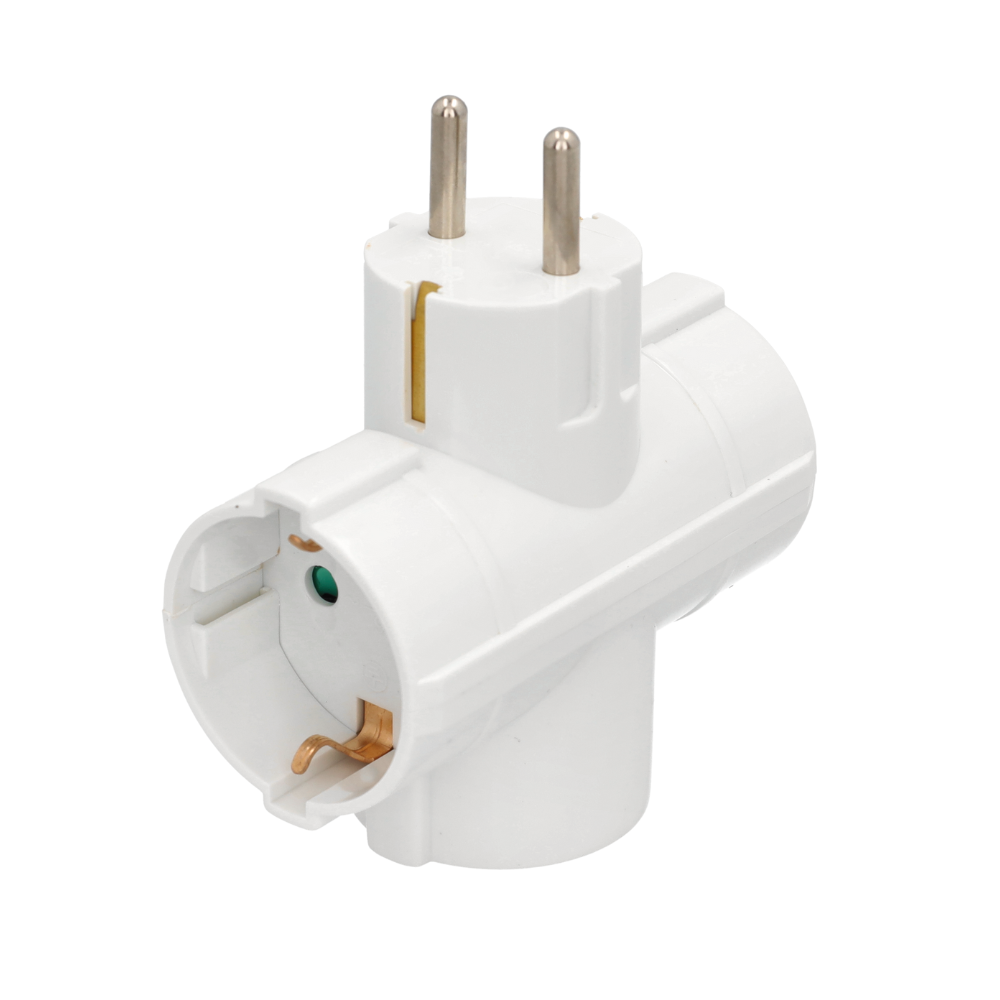 Adaptador corriente triple enchufe schuko en cruz 3x16a, 250v. Color blanco