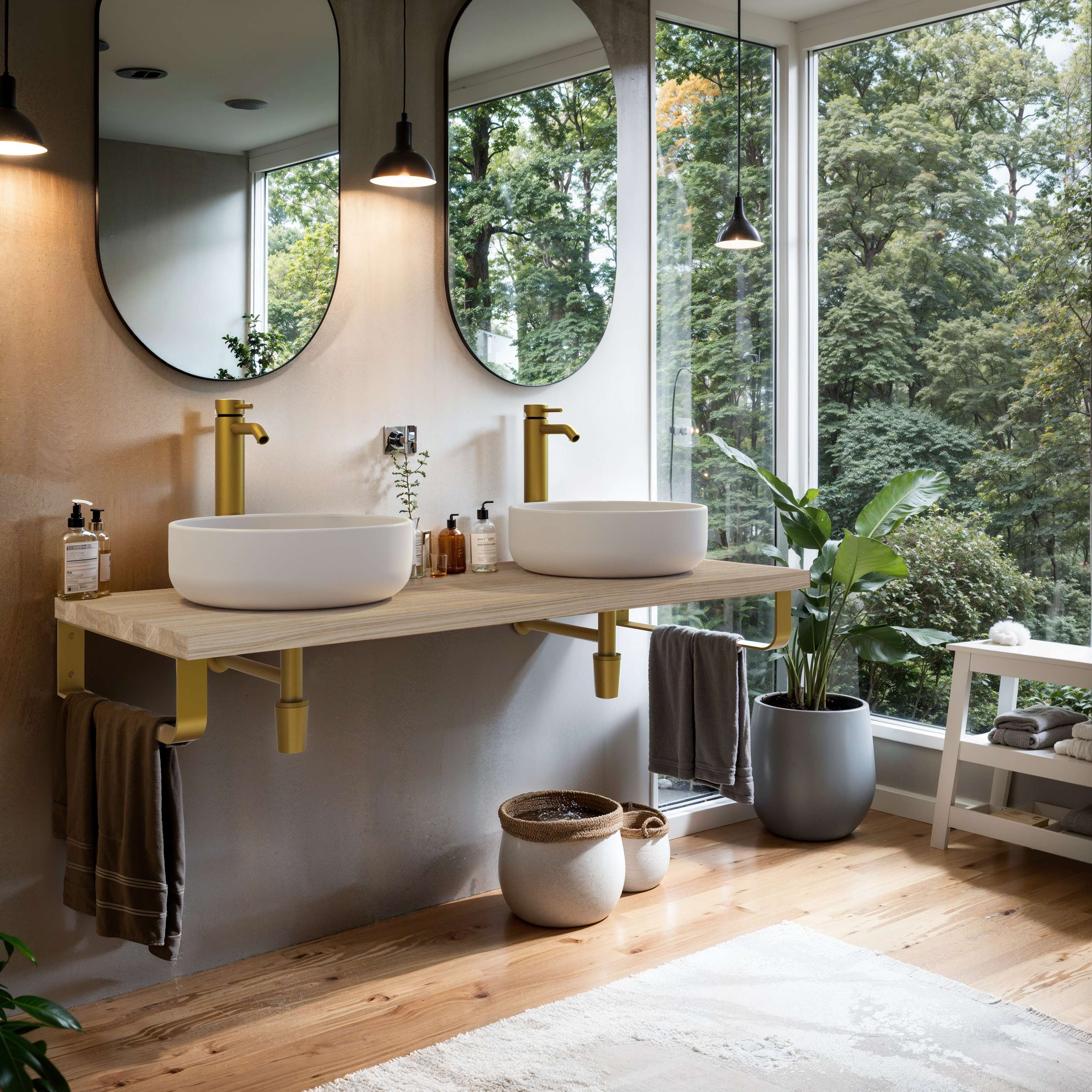 Encimera lavabo 121x49x3 cm chapa olmo natural con soportes oro