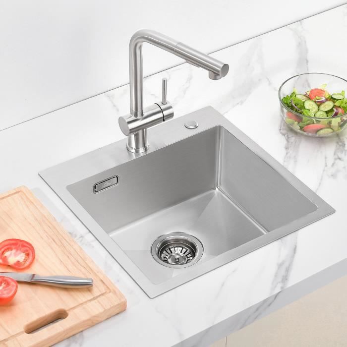 Fregadero de 1 lavabo, 45x45x19 cm, fregadero de cocina cepillado de acero