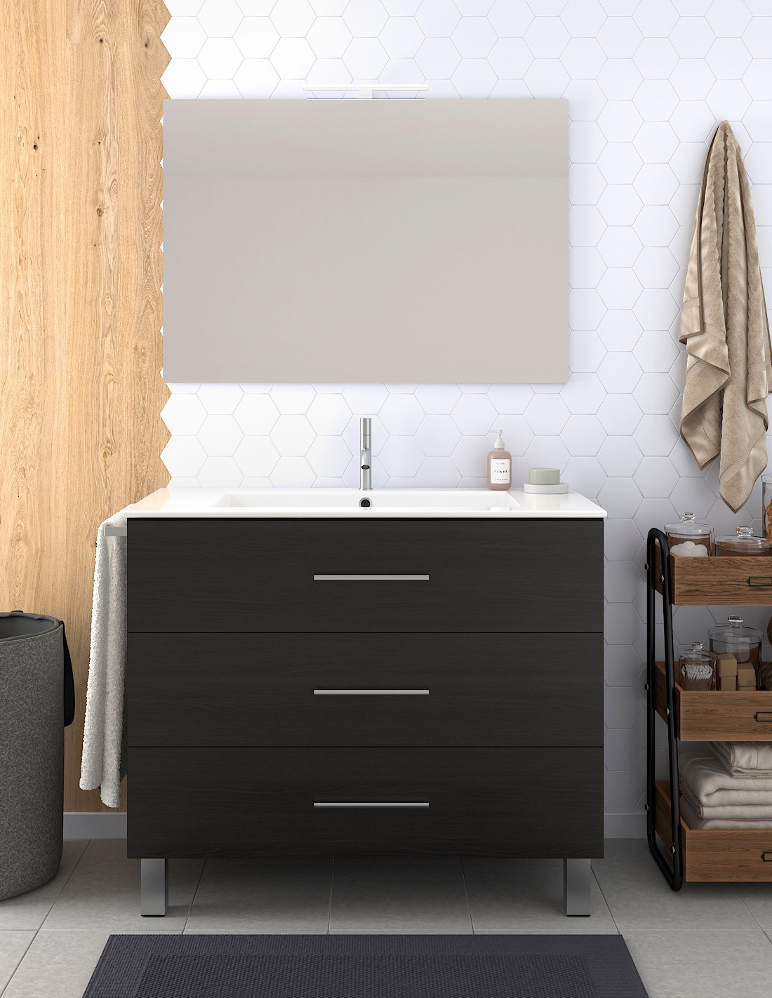 Mueble de baño ribera, lavabo y espejo 90x45cm roble sinatra
