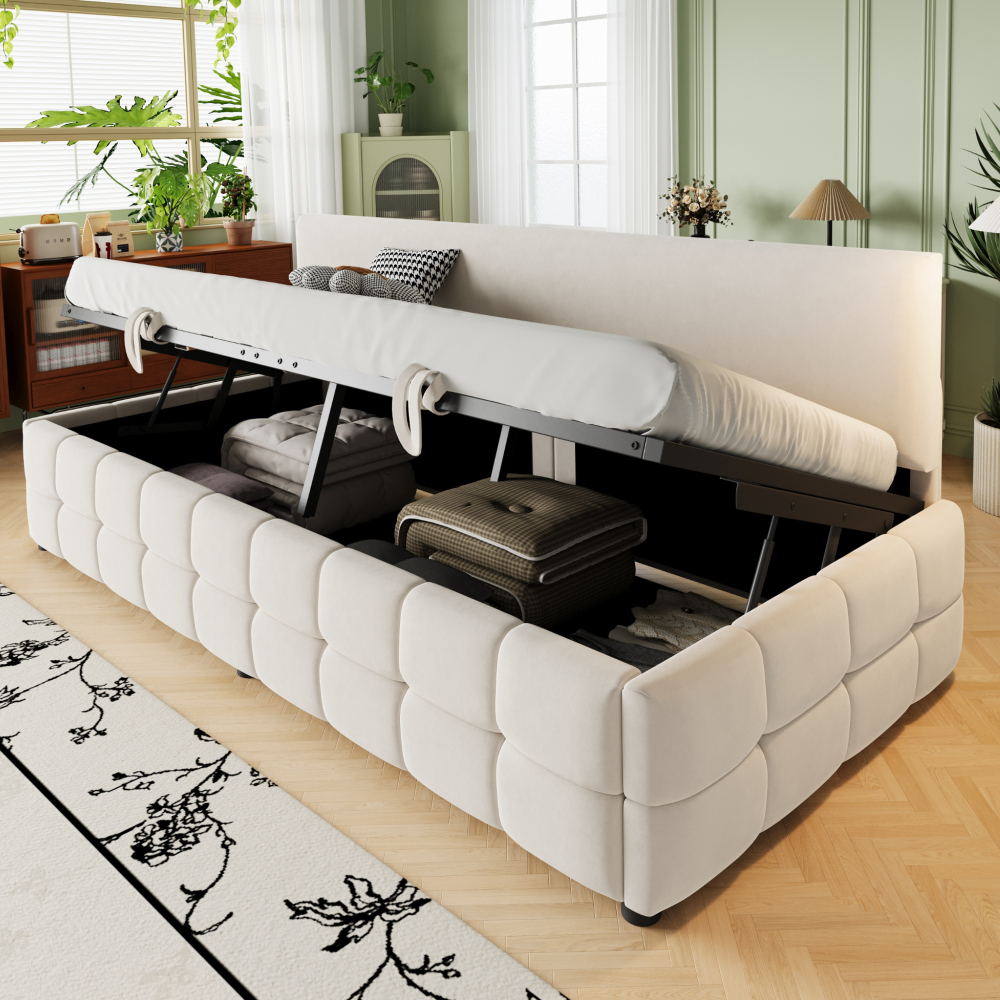 Sofá cama individual 90x200cm con canapé hidráulico terciopelo beige