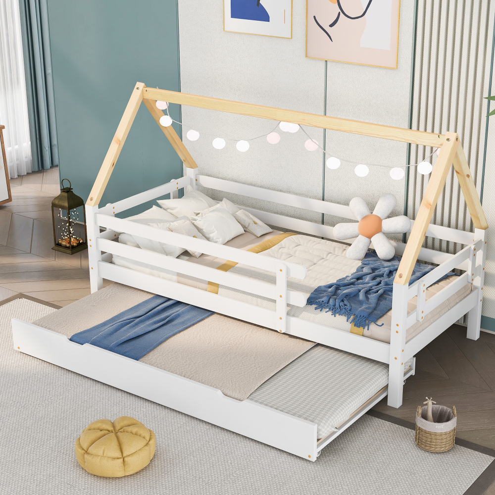 Cama nido casita 90x200cm con somier madera maciza – blanco y natural