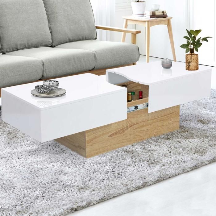 Mesa de centro rectangular deslizante marta imitación de haya y blanca