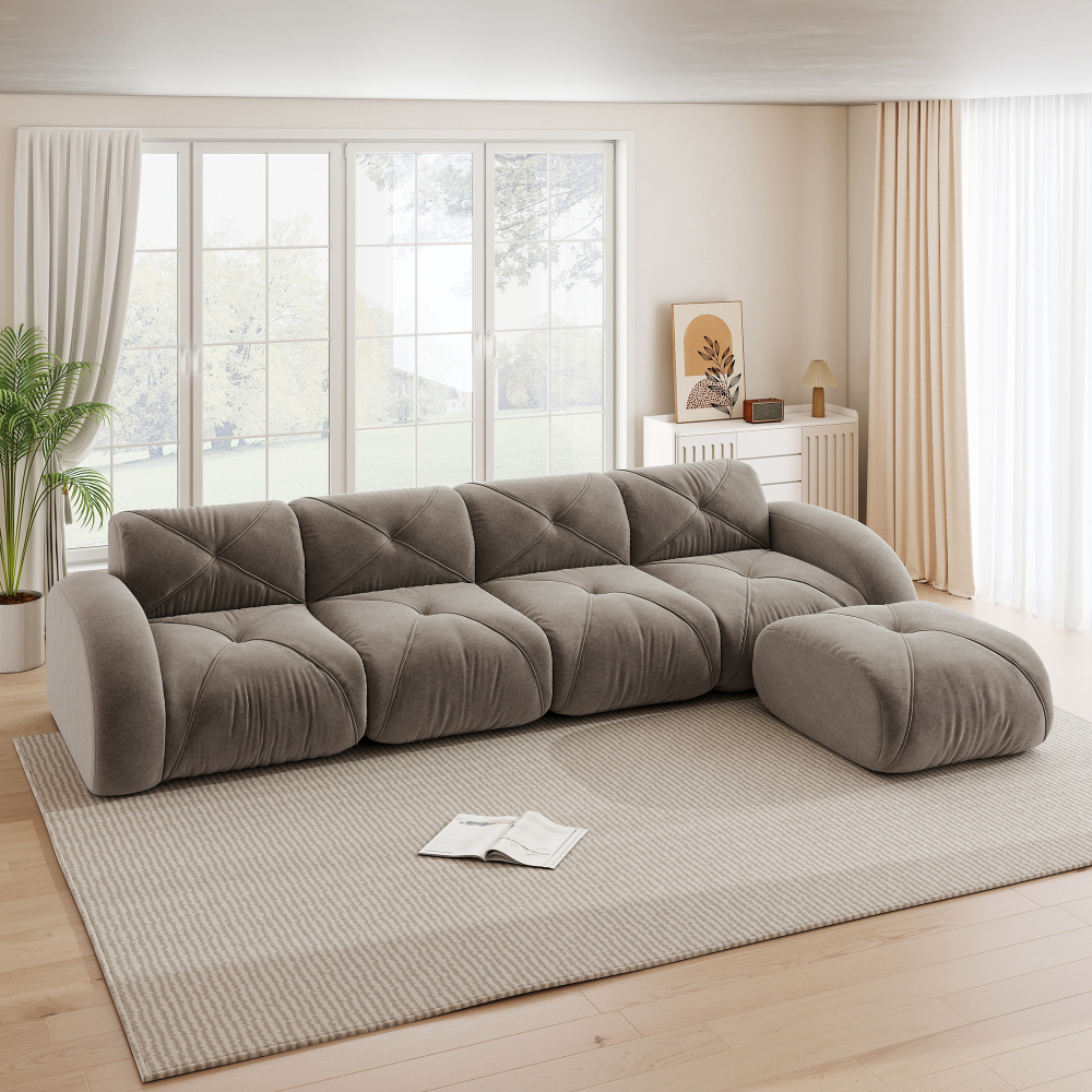 Sofá en l modular chenilla marrón 4 plazas con reposapiés sin montaje