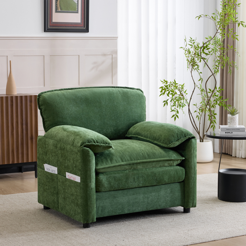 Sillón chenilla verde oscuro con bolsillos
