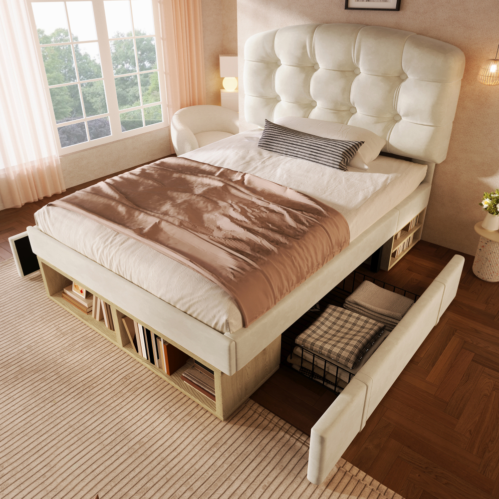 Cama tapizada 90x200 cm con cajones y almacenaje terciopelo – color beige