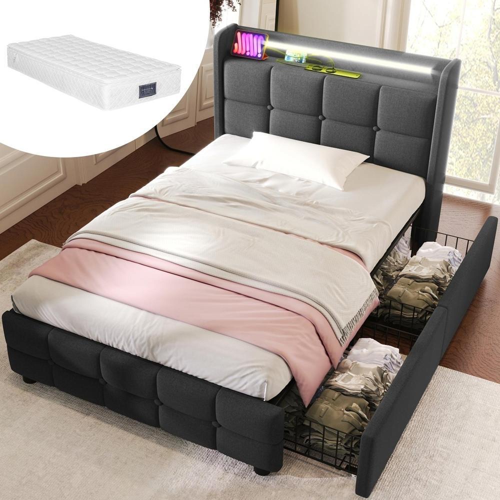 Cama individual 90x200cm con colchón usb LED 2 cajones gris
