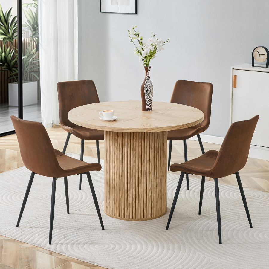 Conjunto de mesa redonda madera natural y 4 sillas marrón 100cm