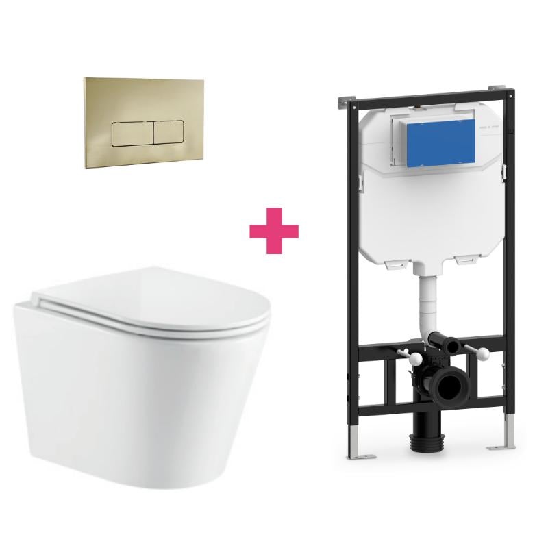 Pack inodoro turin con cisterna y pulsador dorado rectangular