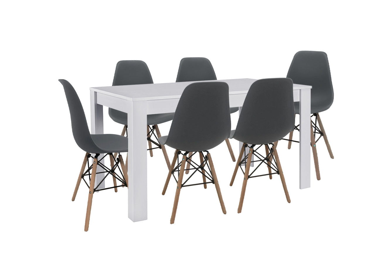 Pack mesa de comedor o cocina fija blanco + 6 sillas estilo nordico gris