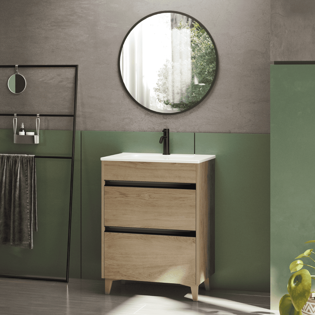 Mueble a suelo lavabo fondo reducido |2 cajones | 80 cm roble tir. Negro