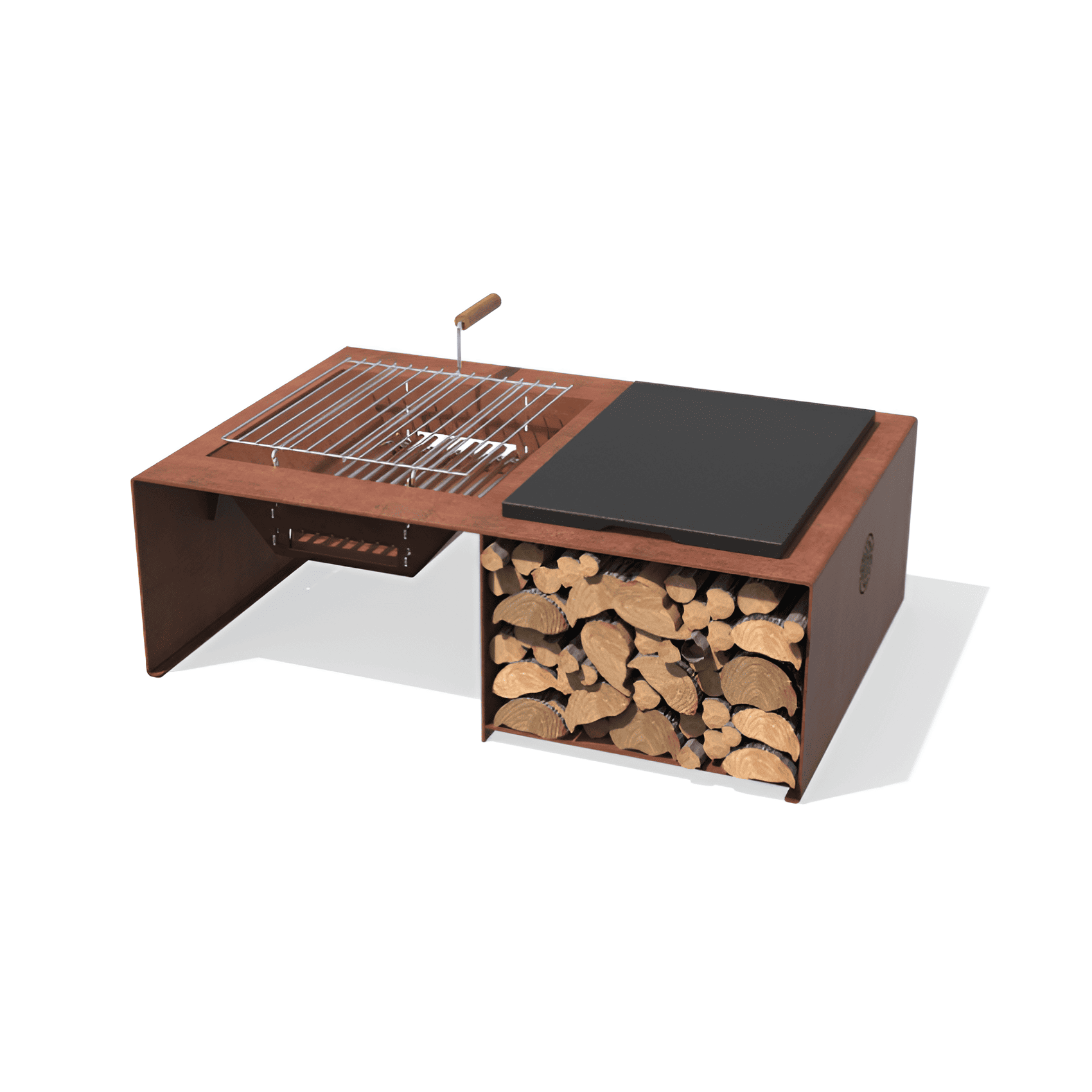 Módulo de fogón con rejillas de acero corten.