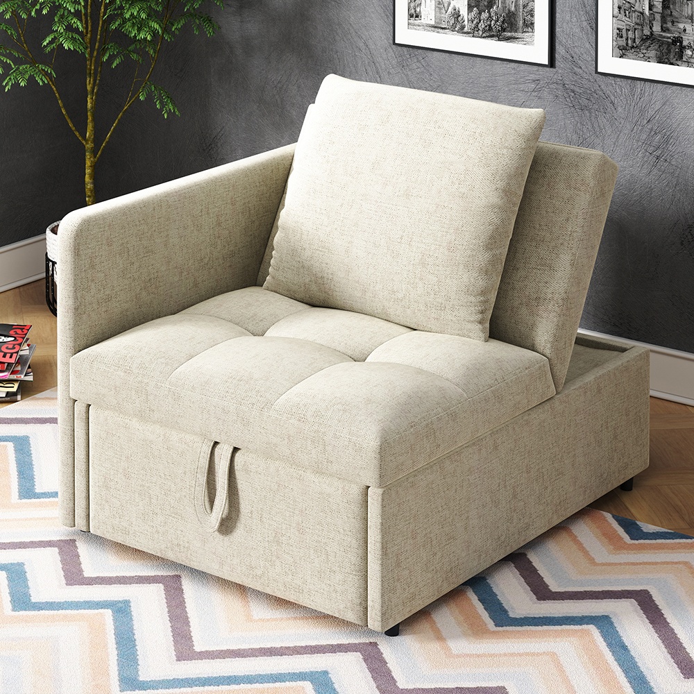 Sofá cama de lino con respaldo ajustable，beige.