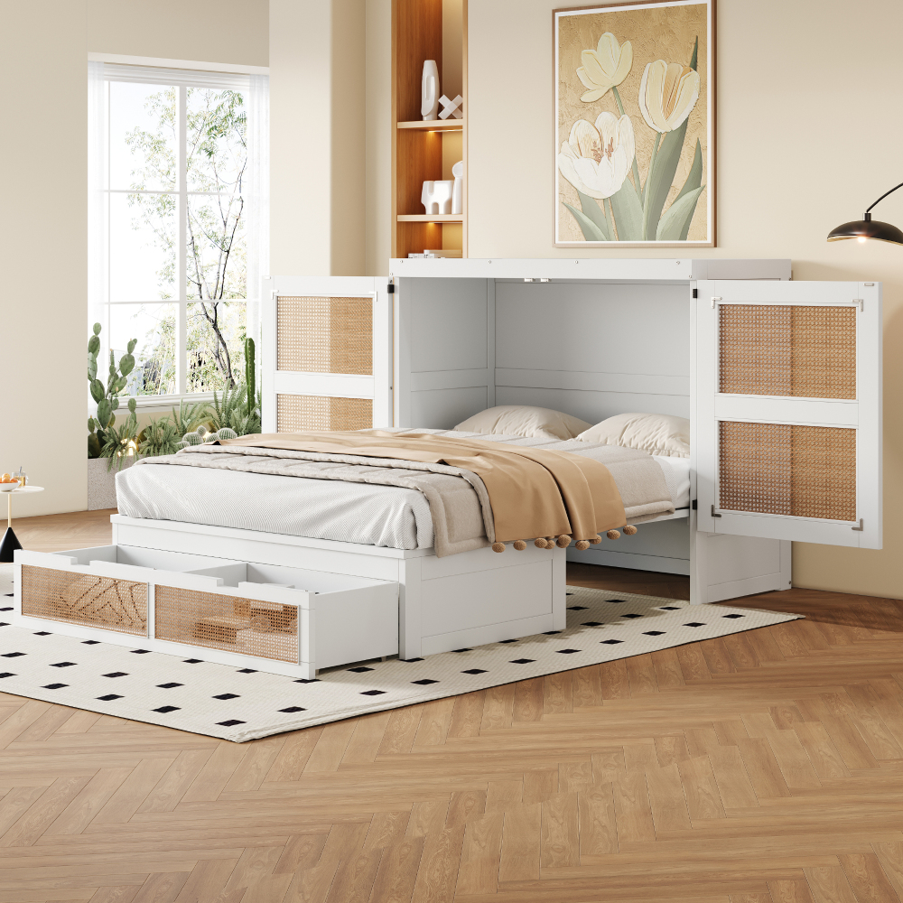 Cama de pared 140x20cm cama abatible con somier y cajones, madera – blanco