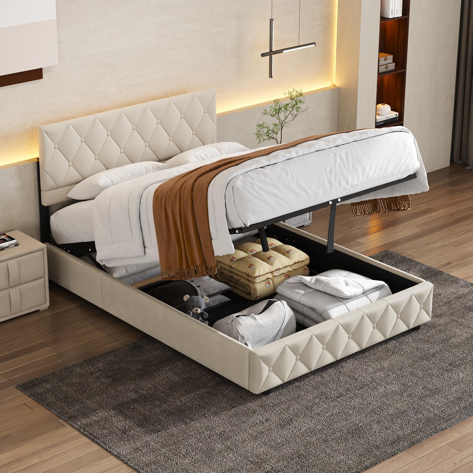 Cama 140x200cm con canapé hidráulico y cabezal acolchado beige