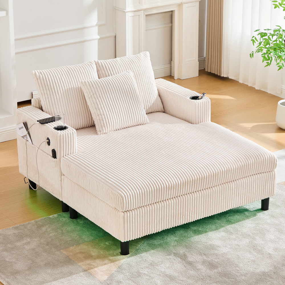 Sillón relax chaise longue de pana beige 1 plaza con LED y usb