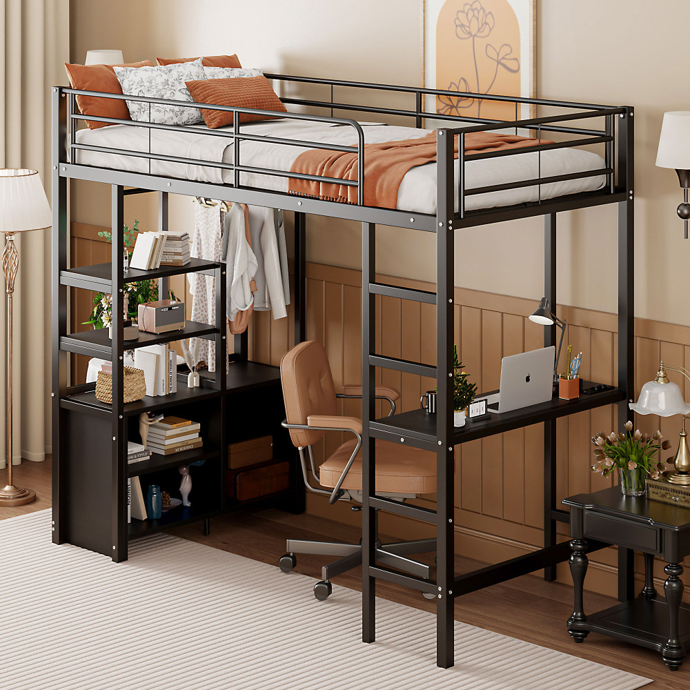 Litera alta 90x200cm con escritorio, usb y estanterías metal – color negro