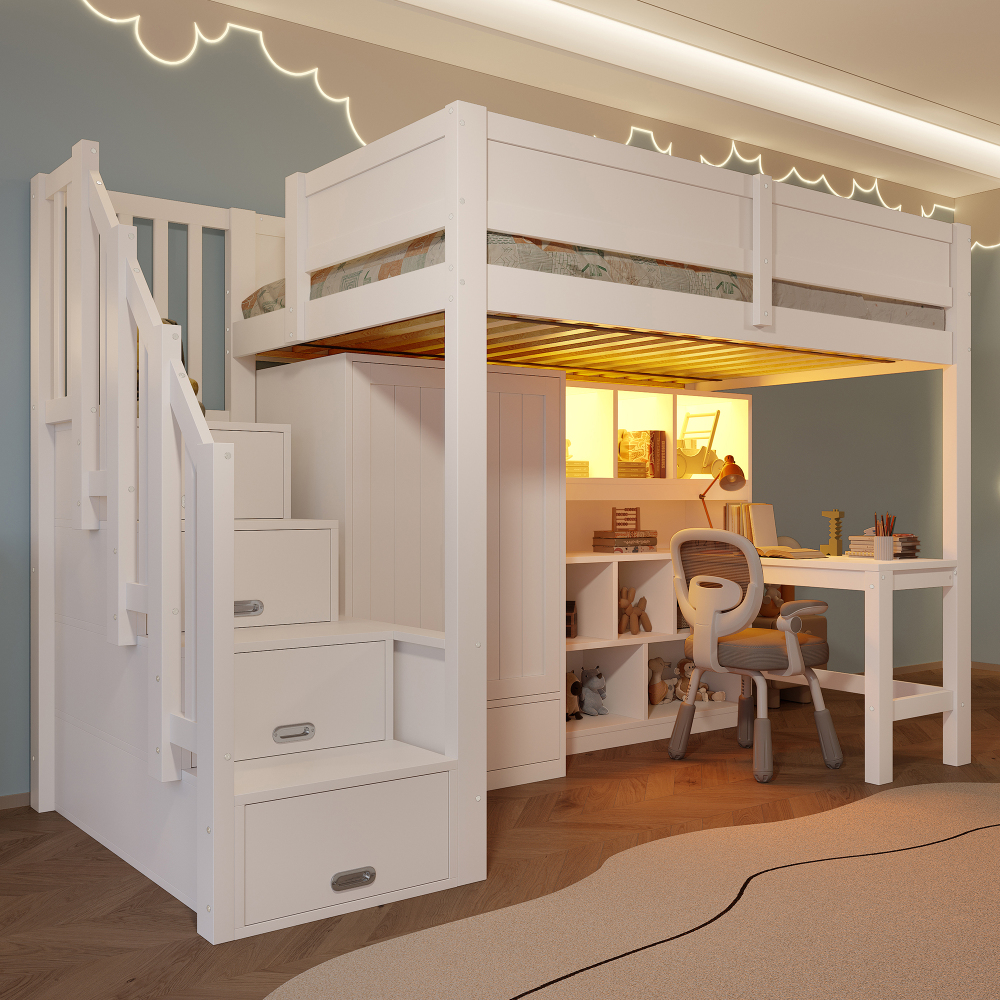 Cama alta 90x200cm con escritorio, armario y almacenaje mdf – blanco