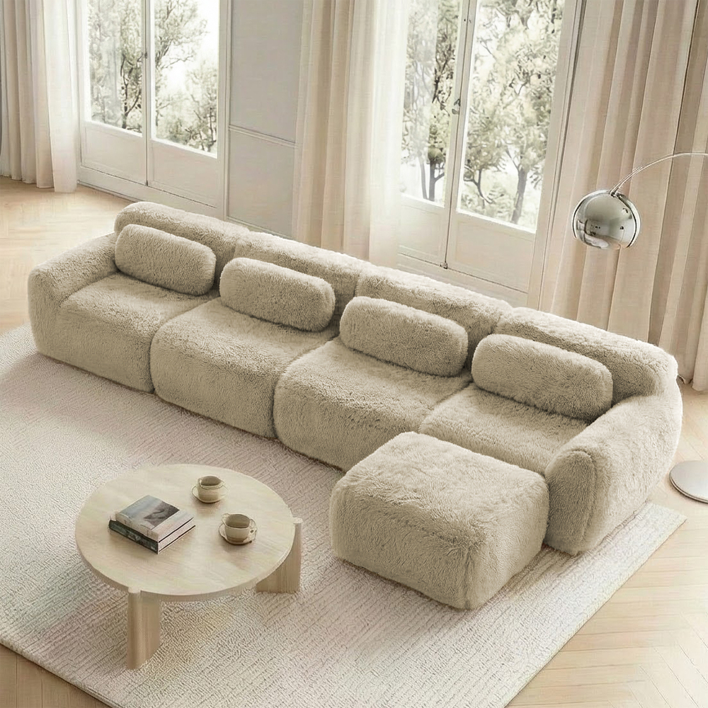 Sofá en l modular de felpa caqui claro 4 plazas con chaise longue y cojines