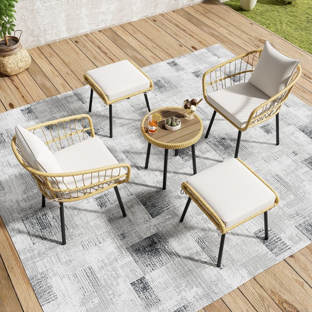 Conjunto mesa y sillas de jardín ratán blanco natural 5 piezas