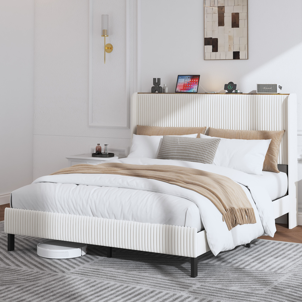 Cama tapizada 160x200 cm con cabecero acanalado pana – beige y crema