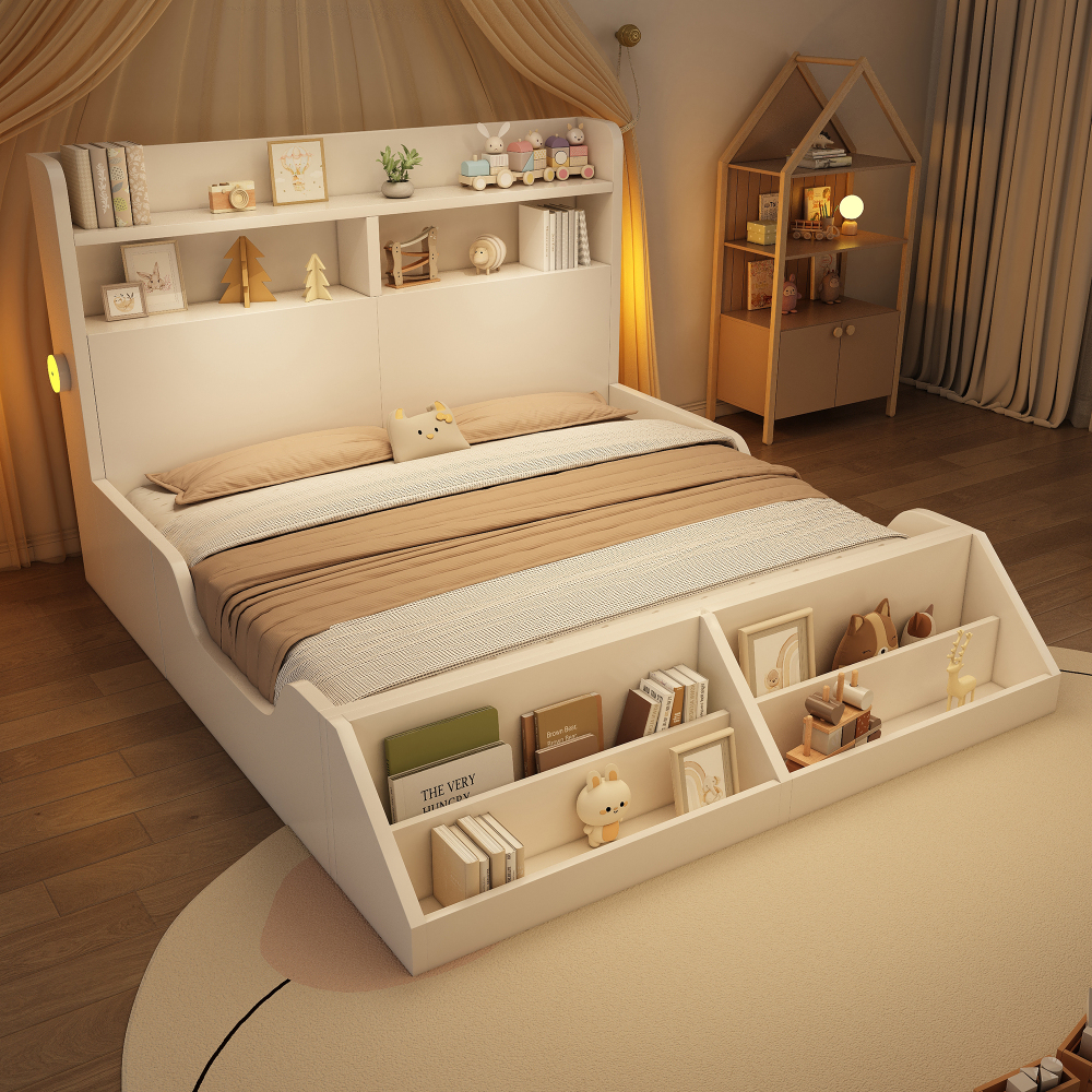 Cama de madera 140x200 cm con estantes y luces nocturnas – color blanco
