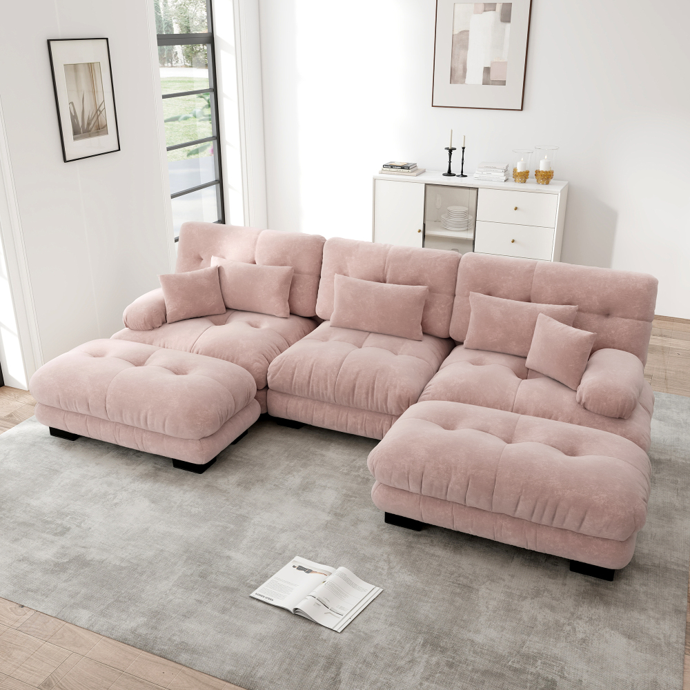 Sofá modular en u o l de chenilla rosa con cojines