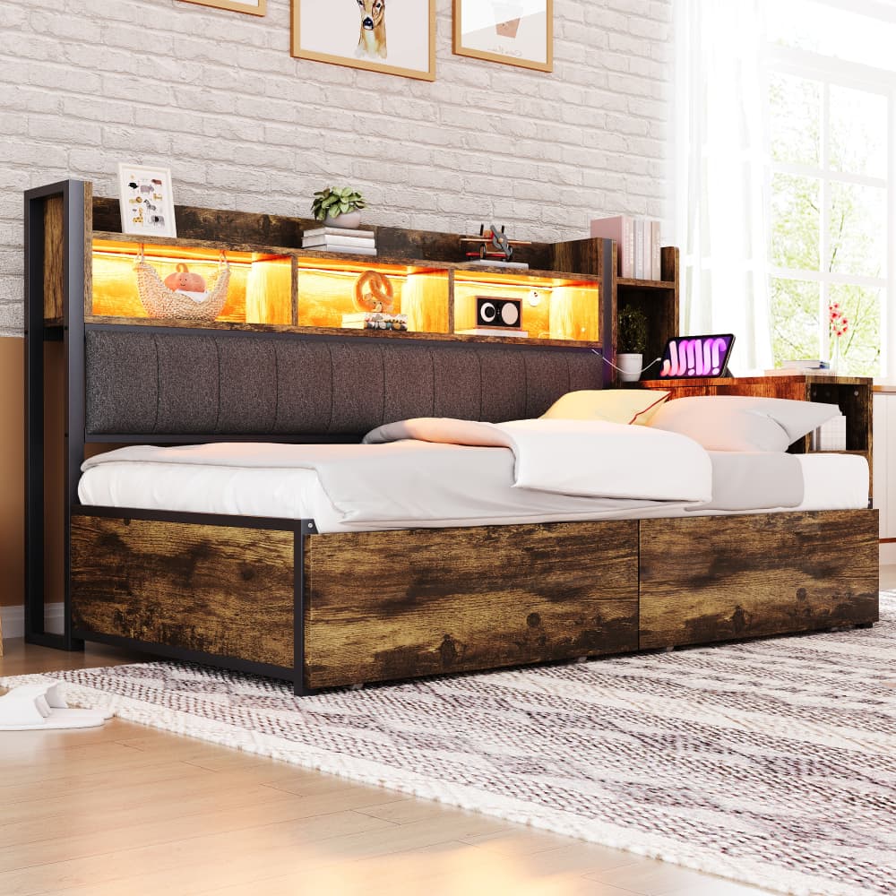 Cama 90x200cm con escritorio extraíble y cajón metal+madera natural