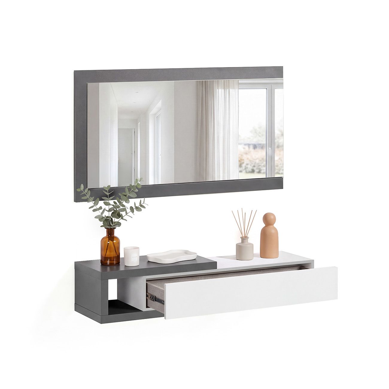 Mueble recibidor con 1 cajón y espejo 95 cm derek grafito - blanco