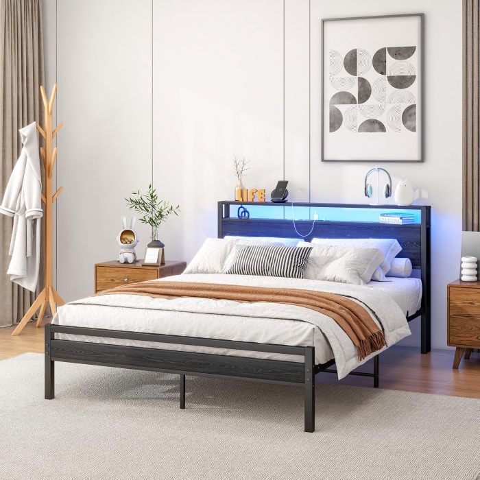 Cama con almacenaje 140x200cm con usb y LED mdf y metal – negro