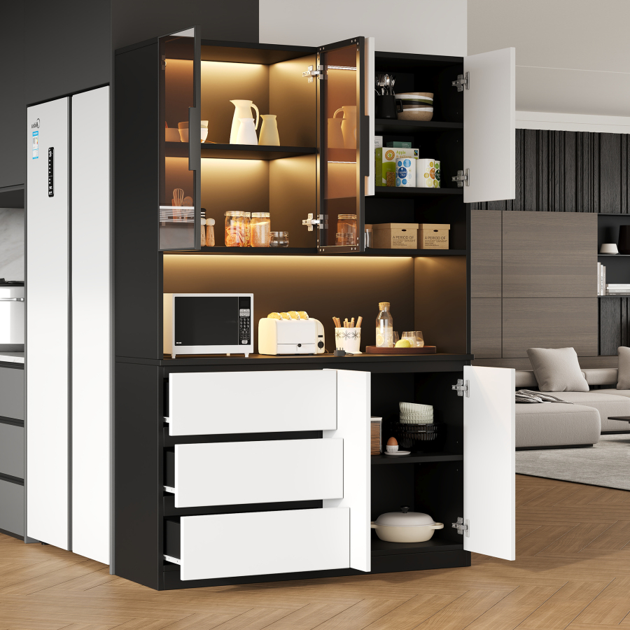 Aparador cocina LED 6 puertas 3 cajones blanco negro 180x120,5x40cm