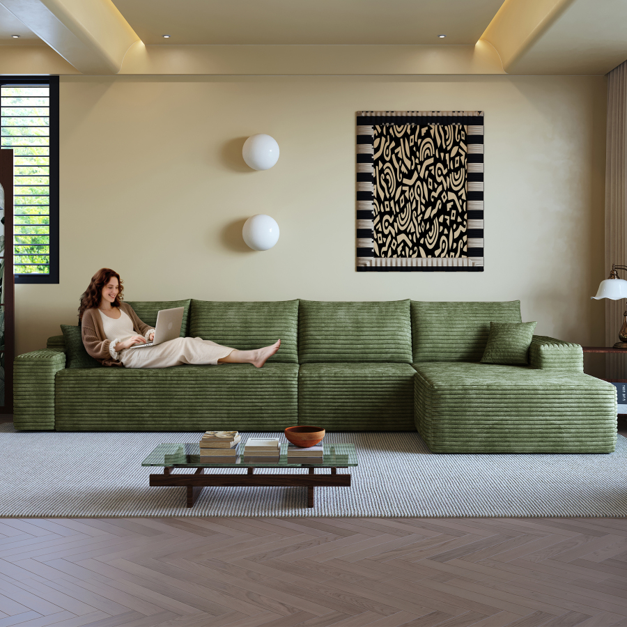 Sofá modular en l de tela verde con chaise longue sin montaje