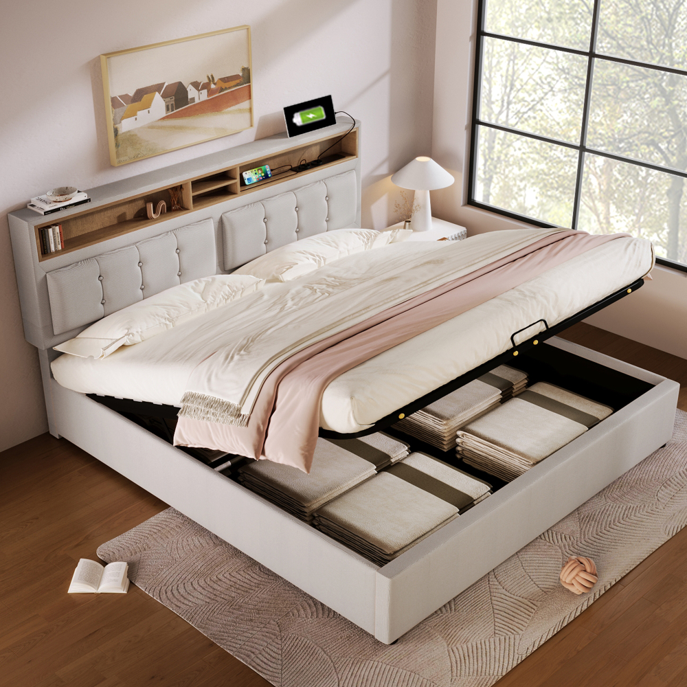 Cama tapizada 160x200cm con almacenaje y carga lino – beige