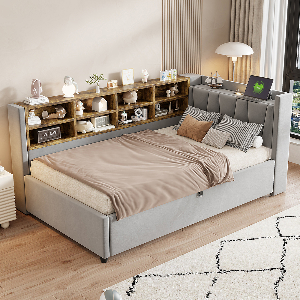Cama con colchón blando,90x202cm,terciopelo,gris claro.