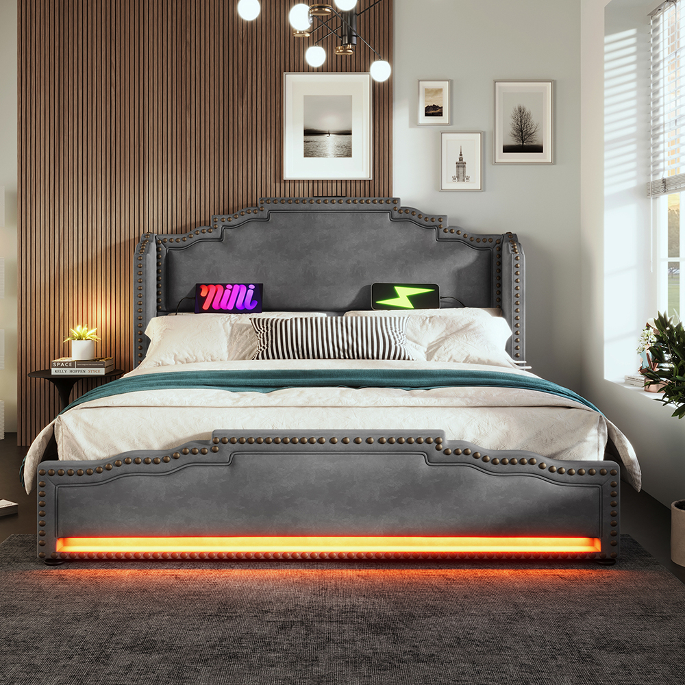 Cama tapizada 160×200, doble con 4 cajones,gris, sin colchón.