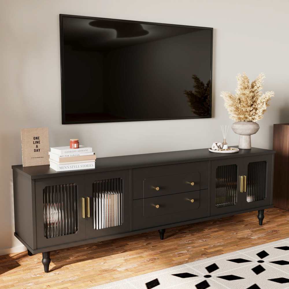Mueble de tv para salón 4 puertas 2 cajones negro 55,5x175x38cm