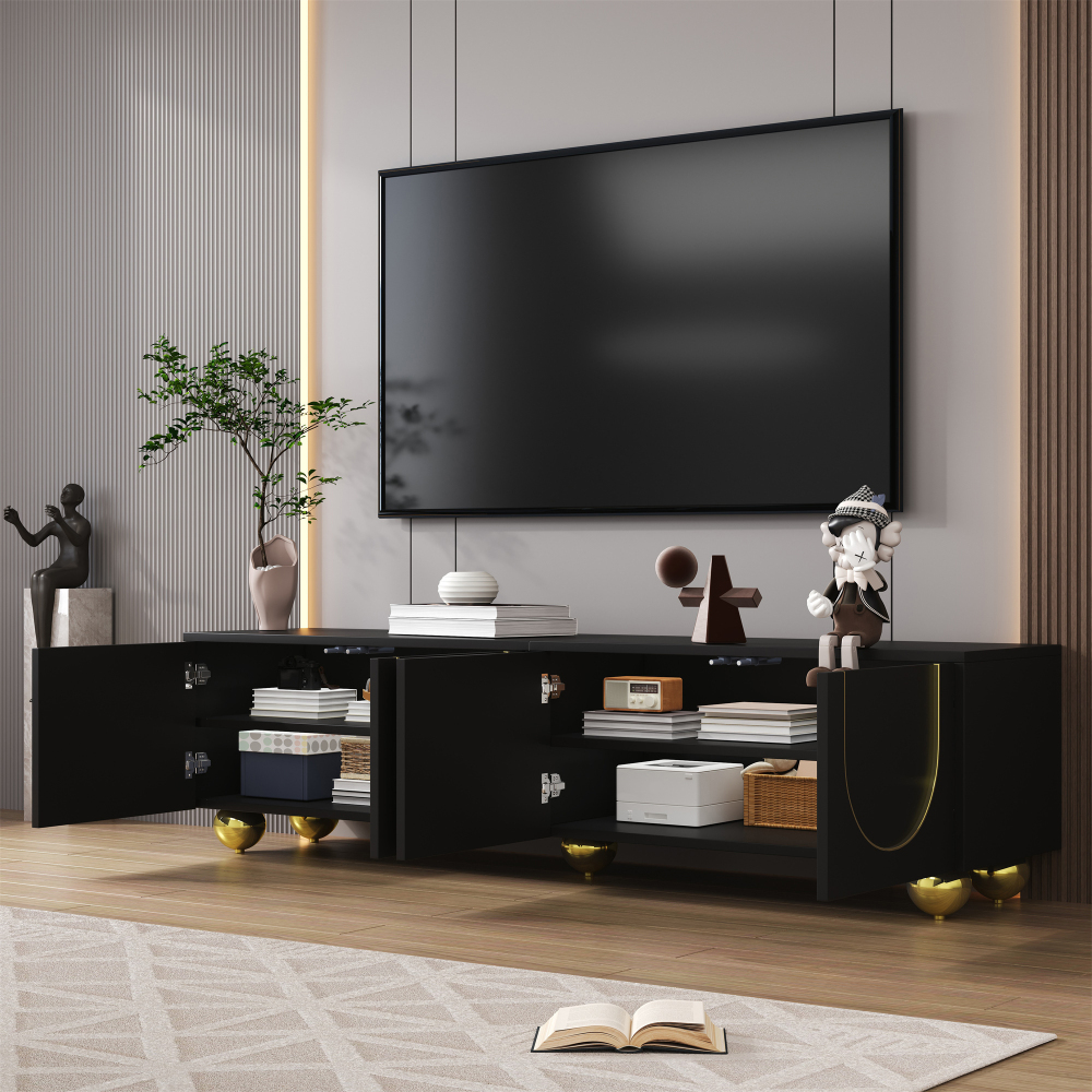 Mueble de tv con 4 puertas negro y dorado 44x170x38cm