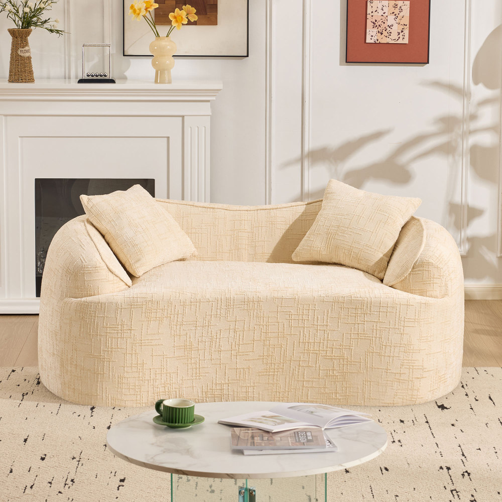 Sofá curvo 2 plazas beige reposabrazos 2 cojines