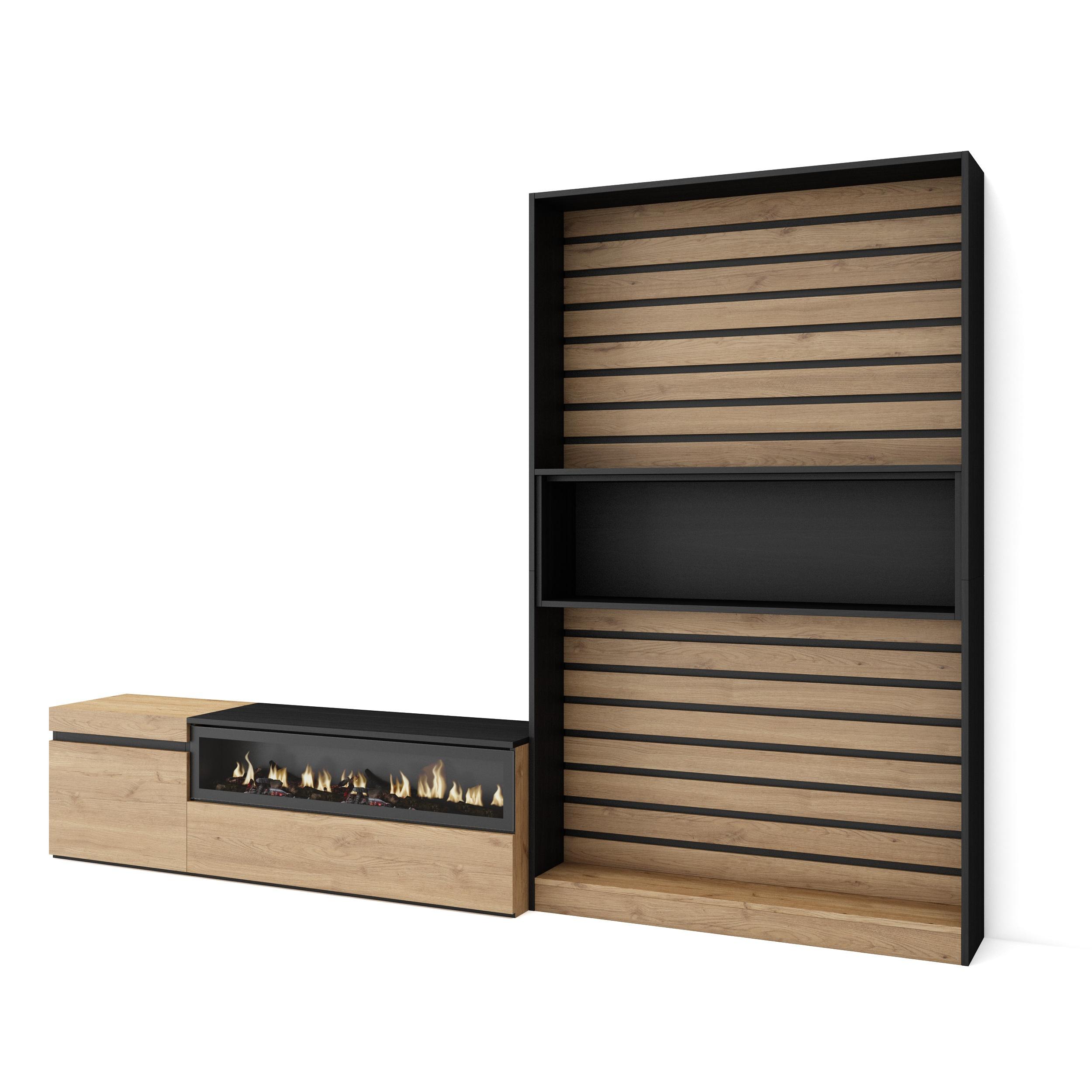 Muebles para tv, 260x35x186cm, roble y negro, chimenea eléctrica rf2539