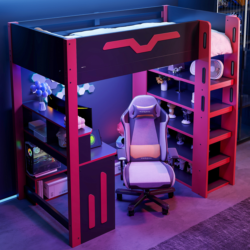 Cama alta 90x200cm con escritorio, estantería y almacenaje mdf negro rojo