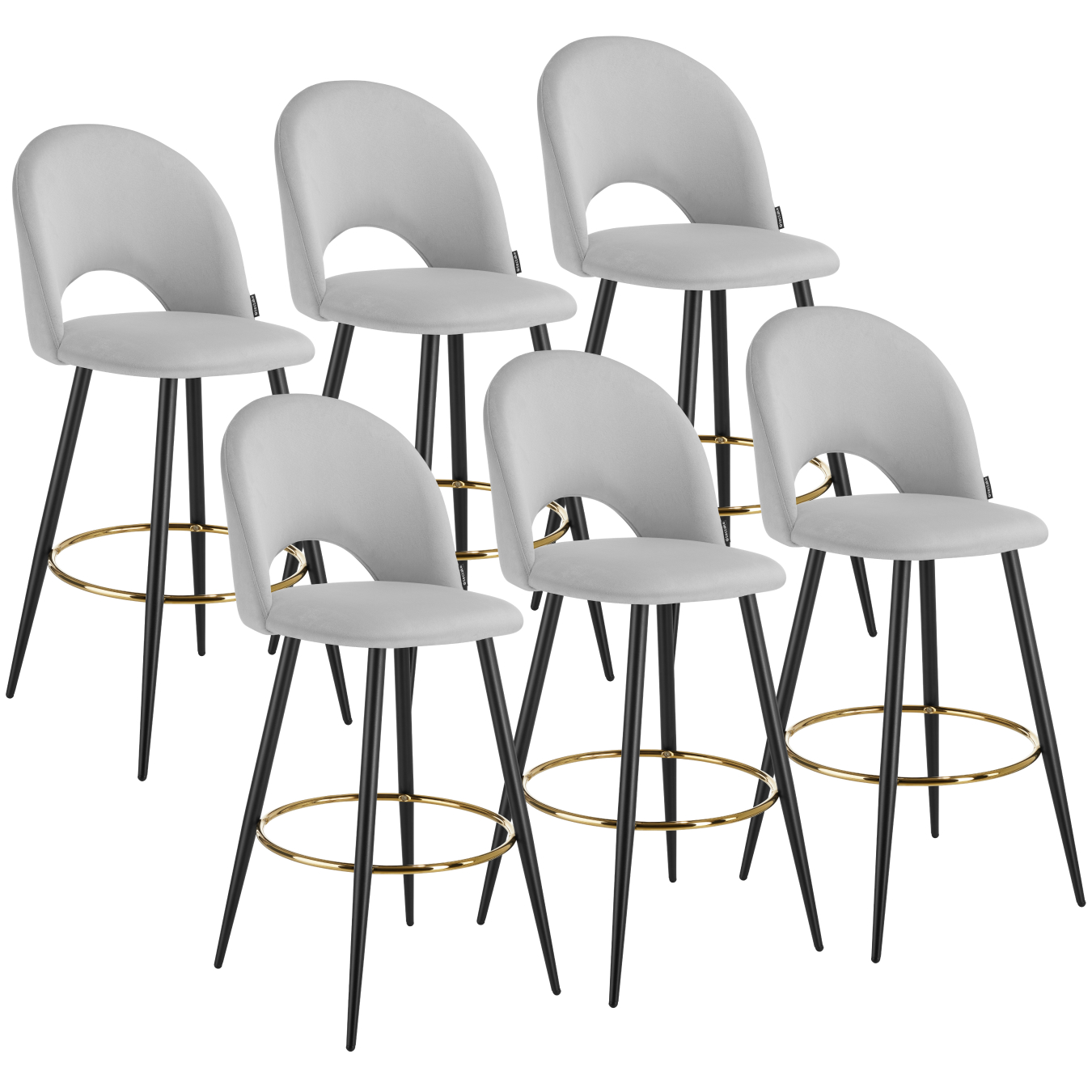 6 taburetes altos con terciopelo, respaldo y reposapiés, gris/negro