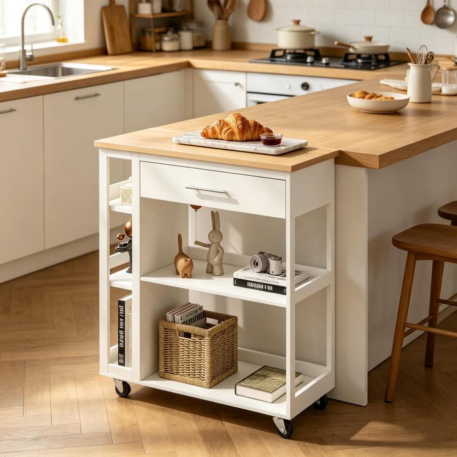 Carro de cocina con cajón y estantes blanco y madera 88x73x38cm