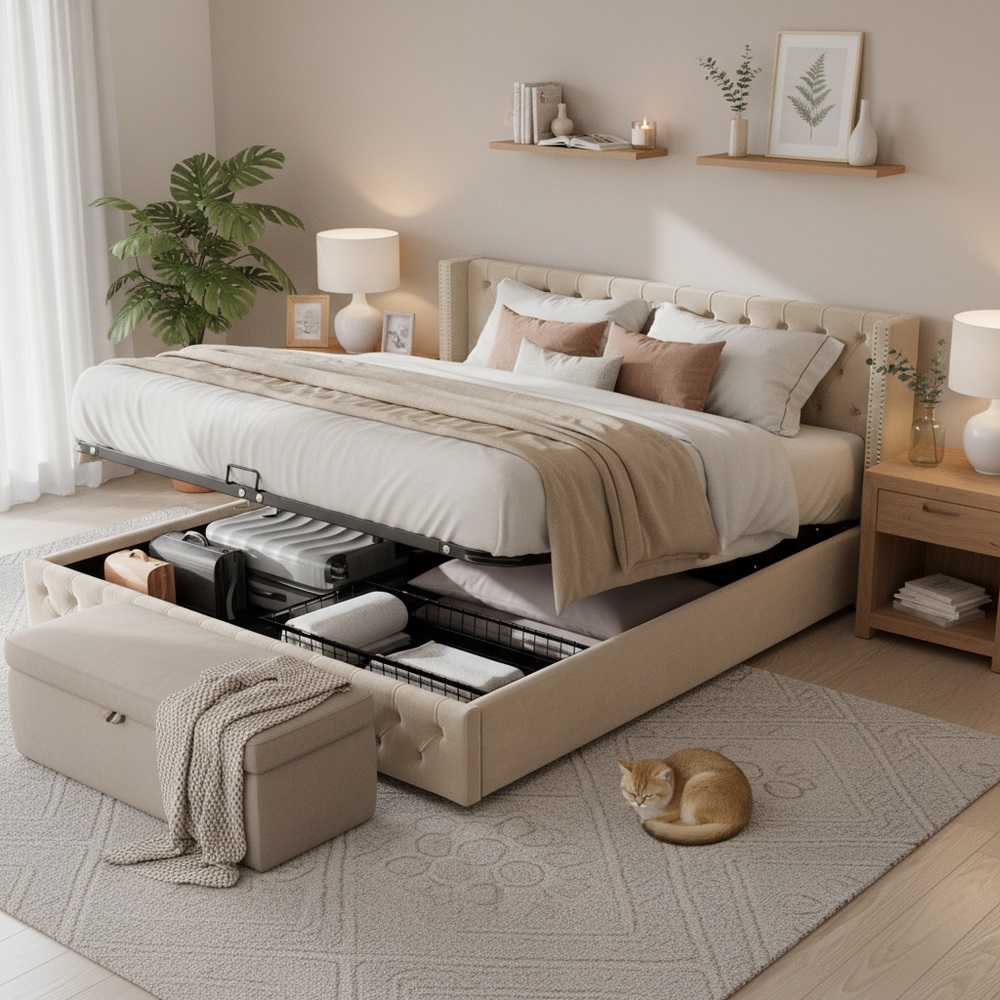 Sofá cama chesterfield 140x200cm con almacenaje hidráulico beige